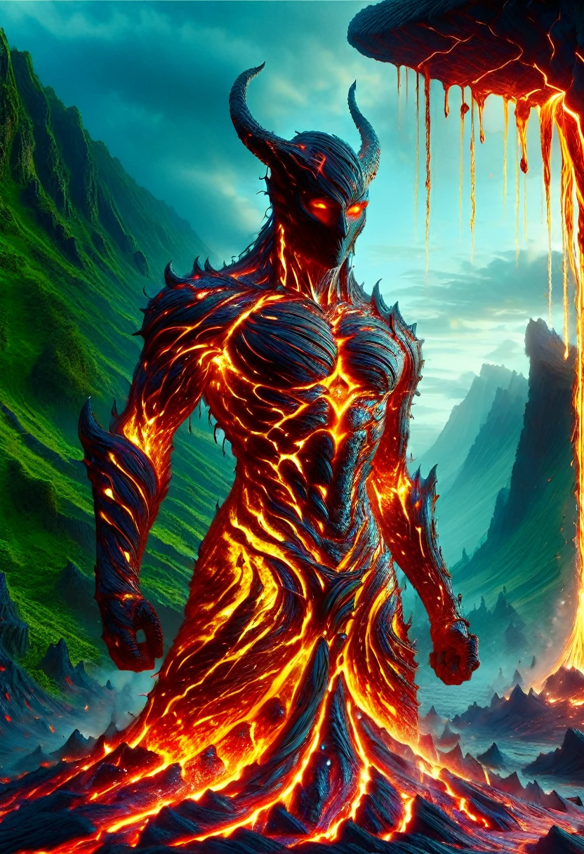 Lava Demon, ral-lava, LavaRay, Demon made entirely of lava, (best quality, highres, ultra-detailed:1.2), intense, fiery, and fearsome Lava Demon, glowing red eyes, sharp fangs and claws, towering over the landscape, surrounded by swirling magma, molten rivers flowing in the background, emitting a sinister glow, smoke billowing from its nostrils, an aura of pure heat and destruction, devilish horns adorned with lava drips, an otherworldly entity emerging from the depths of the Earth's core, surreal and menacing, in the style of dark fantasy art, with vibrant colors and high contrast, cast in a hellish color palette.