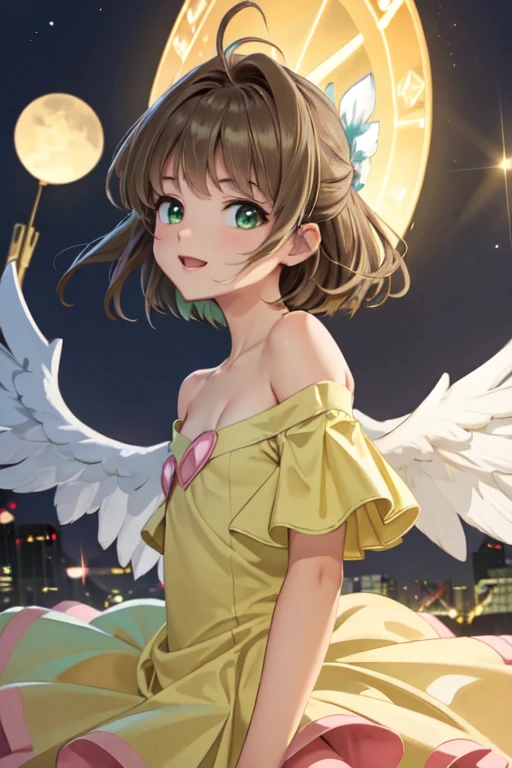 masterpiece, best quality, ultra detailed, highres, extremely detailed CG unity 8k wallpaper, perfect lighting, very detailed background, beautiful and aesthetic,sharp focus, perfect face, dynamic pose, dynamic angle,
Perfect hands、Perfect Fingers、Perfect toes、Five fingers、
1girl, upper body, (portrait:1.1), looking at viewer, full-face blush, from side, from below, smile,Open your mouth、Pink Lips、
night、Megacity、building、
Yellow Dress、
(Shoulder Bare:1.2)、(Off the shoulder:1.4)、(flat chest:1.5)、Cleavage、
light brown hair、(Green Eyes:1.4)、
Cardcaptor_Sakura、