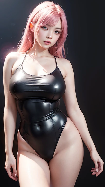 (logo、masterpiece、8k、On the table、RAW photos、wonderful、最high quality、Photorealistic and Very detailed CG integrated 8k wallpaper、high quality、Very detailed、Narrative Poems、Particle Effects、dynamic effect、Written border depth、Movie Lighting、lens flare、Ray Tracing)、whole body,Standing,A supermodel, Be focused: 1.3, Shanghai beauty,Model figure: 1.5, Large Breasts: 1.2,Slightly fat,Pink Hair,Pink theme,Very tender breasts, Happy expression, Everlasting: 1.2,Highly detailed face and skin texture, Delicateeyes, Double eyelids,Neck swimsuit,Pink shiny swimsuit,High waist,black background,No background,Legs slightly apart
