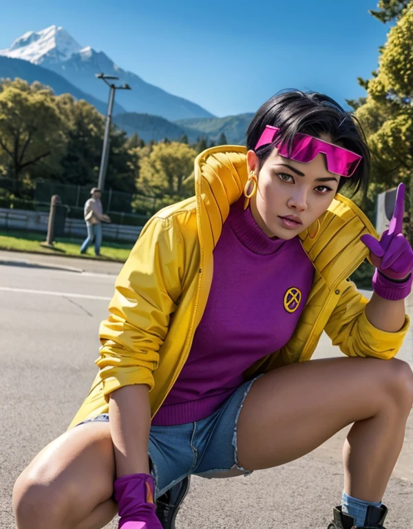 jubilee, short black hair, brown eyes, purple shades on head, hoop earrings, denim shorts,open yellow jacket,blue gloves, pink shirt, looking at viewer, serious, squatting, front view, outside, park, trees, mountain, blue sky, high quality, masterpiece 