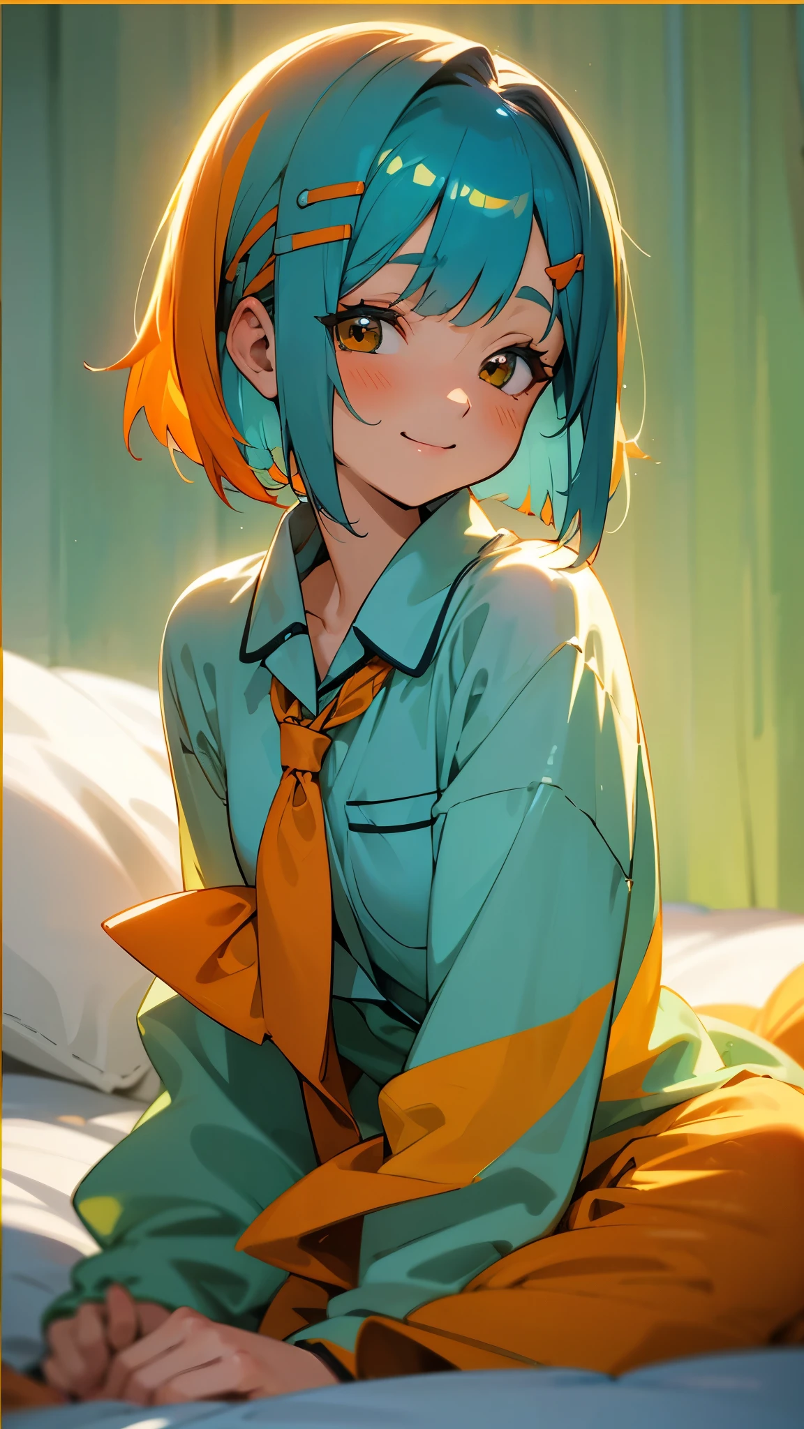 18-year-old girl sitting on bed、alone、Anime style painting、Wearing pajamas、shrimp、Shiny light blue hair、Short Bob Hairstyles、Tie your hair with an orange hair clip、Beautiful brown eyes、smile、smile、The soft texture of pajamas、Upper body close-up、Orange and green colours、Background Blur、Depth of the drawn border