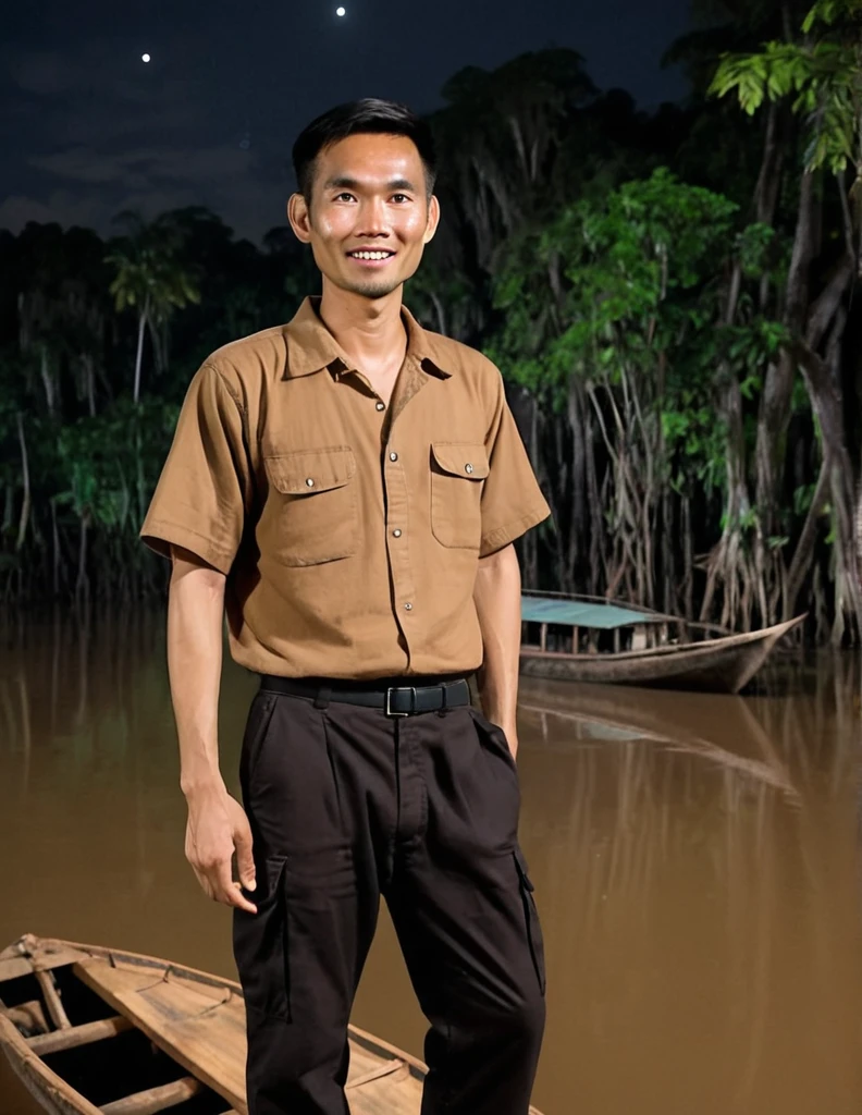 Far angle portrait photography of a traditional wooden boat boarded by a handsome Asian man wearing a brown shirt, black cargo pants, and black sneakers. His face is facing the camera with a faint smile, set in the swamp river of Kalimantan with a background of trees and cliffs during a moonlit night. The image should be realistic, with detailed focus, very high HD 16K quality, and a raw style.