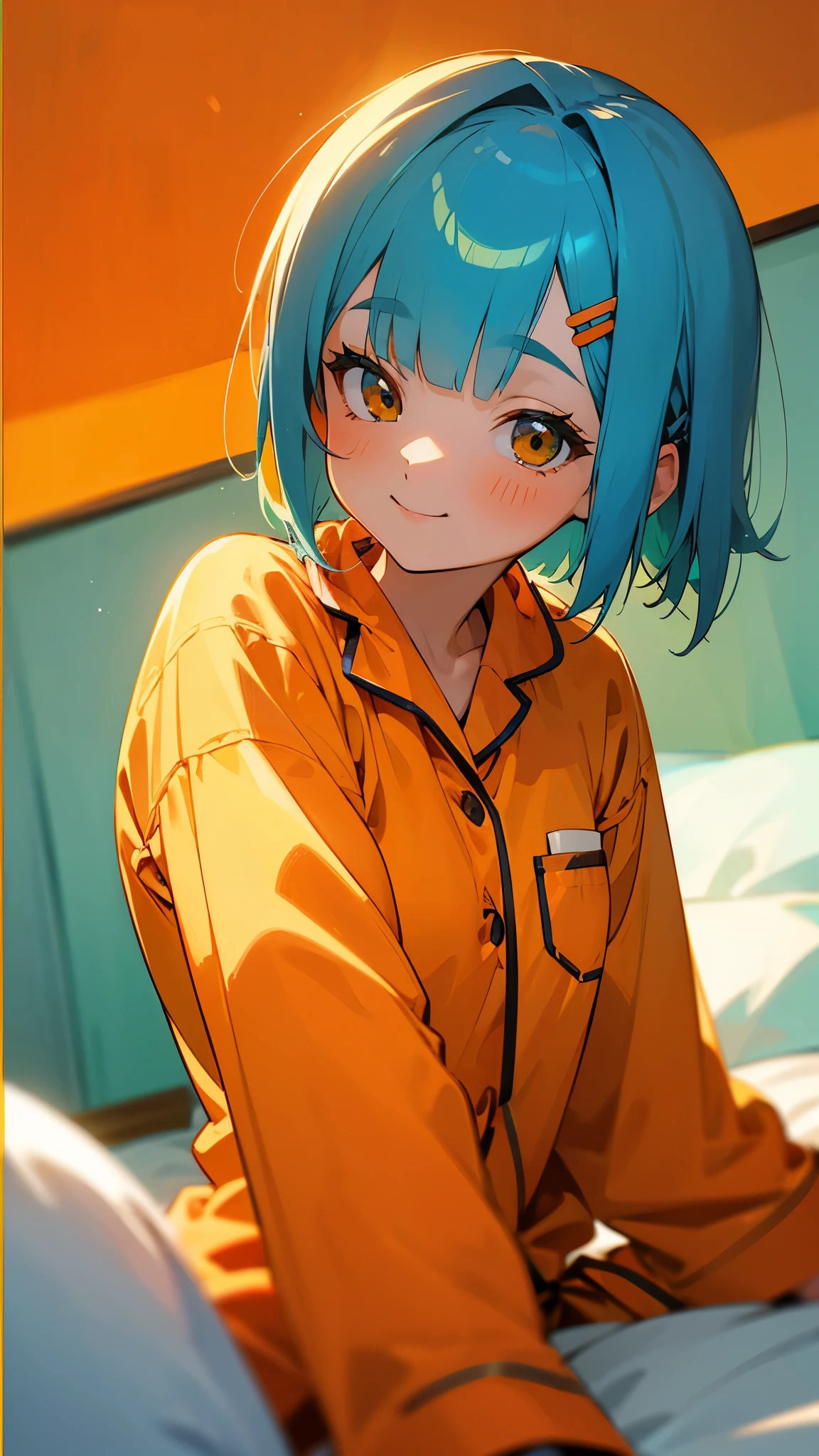 18-year-old girl sitting on bed、alone、Anime style painting、Wearing pajamas、shrimp、Shiny light blue hair、Short Bob Hairstyles、Tie your hair with an orange hair clip、Beautiful brown eyes、smile、smile、The soft texture of pajamas、Upper body close-up、Orange and green colours、Background Blur、Depth of the drawn border