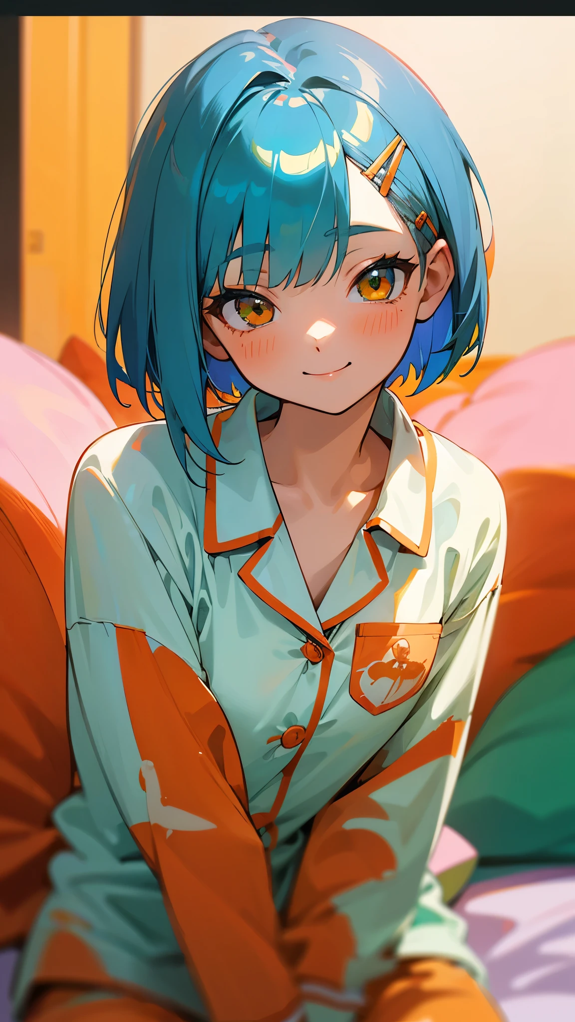 18-year-old girl sitting on bed、alone、Anime style painting、Wearing pajamas、shrimp、Shiny light blue hair、Short Bob Hairstyles、Tie your hair with an orange hair clip、Beautiful brown eyes、smile、smile、The soft texture of pajamas、Upper body close-up、Orange and green colours、Background Blur、Depth of the drawn border