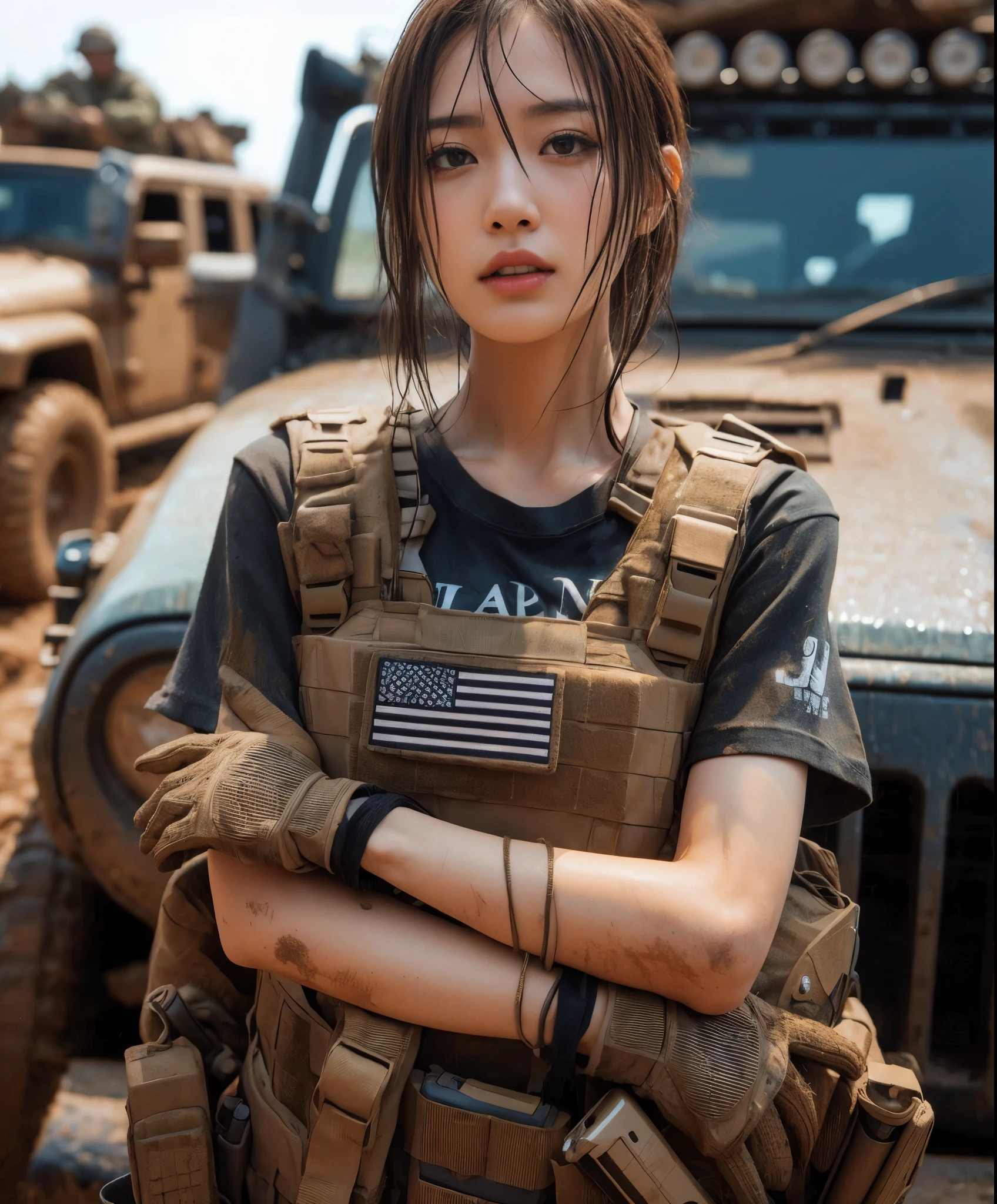 (best quality,8k,realistic photo:1.2),ultra-detailed,realistic skin texture,Japanese woman serving in the U.S. Army,t-shirt,rugged terrain,jeep stuck in mud,muddy,bulletproof vest,blurred background
