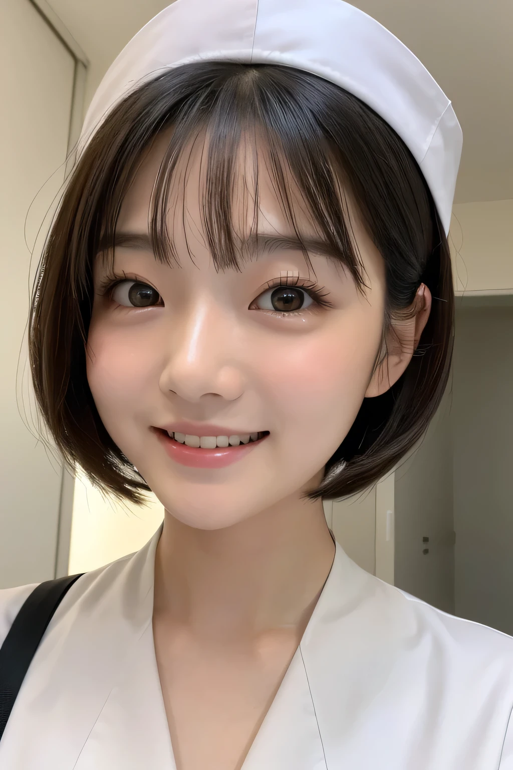 (1 Girl)、(Beautiful Japanese、18years old,round face、Refreshing、clear、seems kind、stylish、Pitiful、cute like an angel、cute、black eyes、,actress,Almond-shaped eyes), Good style , (Beautiful big breasts:1.2),(soft breasts),(very cute),(Black hair),(short bob hair),(enchanting eyes),(highlight on eyes:1.2)、(8K、Live shooting、highest quality、masterpiece:1.2、optimal lighting)、((masterpiece)),(Photo taken by a professional photographer),(real、photo real:1.4),break,{ (White nurse costume),(((taraditional nurse uniform))),(White nurse mini skirt),((White pantyhose)),(cleavage:1.2)},( Smile face:1.4),(tears:1.4))(cheeks are red:1.2), break, break,Hospital,Face shot:1.3、Hospital room、Looking at viewer:1.6, face close-up,Looking up