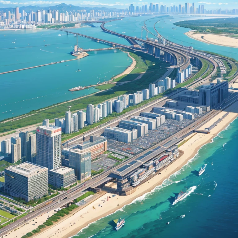 A port city lined with buildings、somewhat bent over、Expressway available、Elevated railway、high-speed rail、Osaka Style、Port town、Big cities