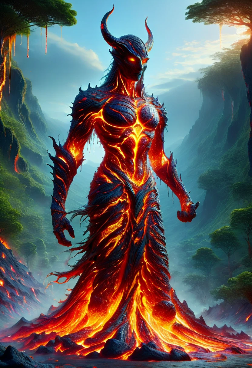 Lava Demon, ral-lava, LavaRay, Demon made entirely of lava, (best quality, highres, ultra-detailed:1.2), intense, fiery, and fearsome Lava Demon, glowing red eyes, sharp fangs and claws, towering over the landscape, surrounded by swirling magma, molten rivers flowing in the background, emitting a sinister glow, smoke billowing from its nostrils, an aura of pure heat and destruction, devilish horns adorned with lava drips, an otherworldly entity emerging from the depths of the Earth's core, surreal and menacing, in the style of dark fantasy art, with vibrant colors and high contrast, cast in a hellish color palette.