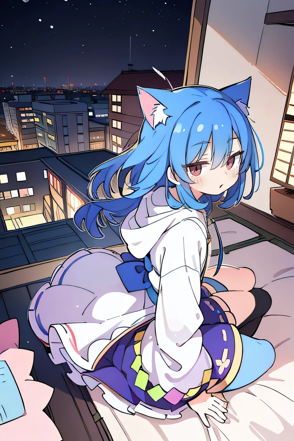 (masterpiece:1.2),Super detailed,lifelike,Expressive eyes,fair skin,perfect face shape,1 girl,
Japanese comics,Gorgeous blue hair,flowing blue hair,flowing clothes,Cat ears,Petals fall,beautiful lola,Baby Angel,
Shaking head with one hand,Cross your legs,Gentle and peaceful background,The pavilion is cool and comfortable,smile, wearing hoodie, background of tokyo,back views,snowing, winter.