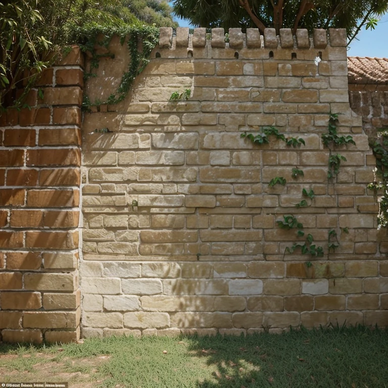 A wall made of bricks as if it was just built with various grasses and leaves covering the wall and several trees behind the wall((qualidade boa))