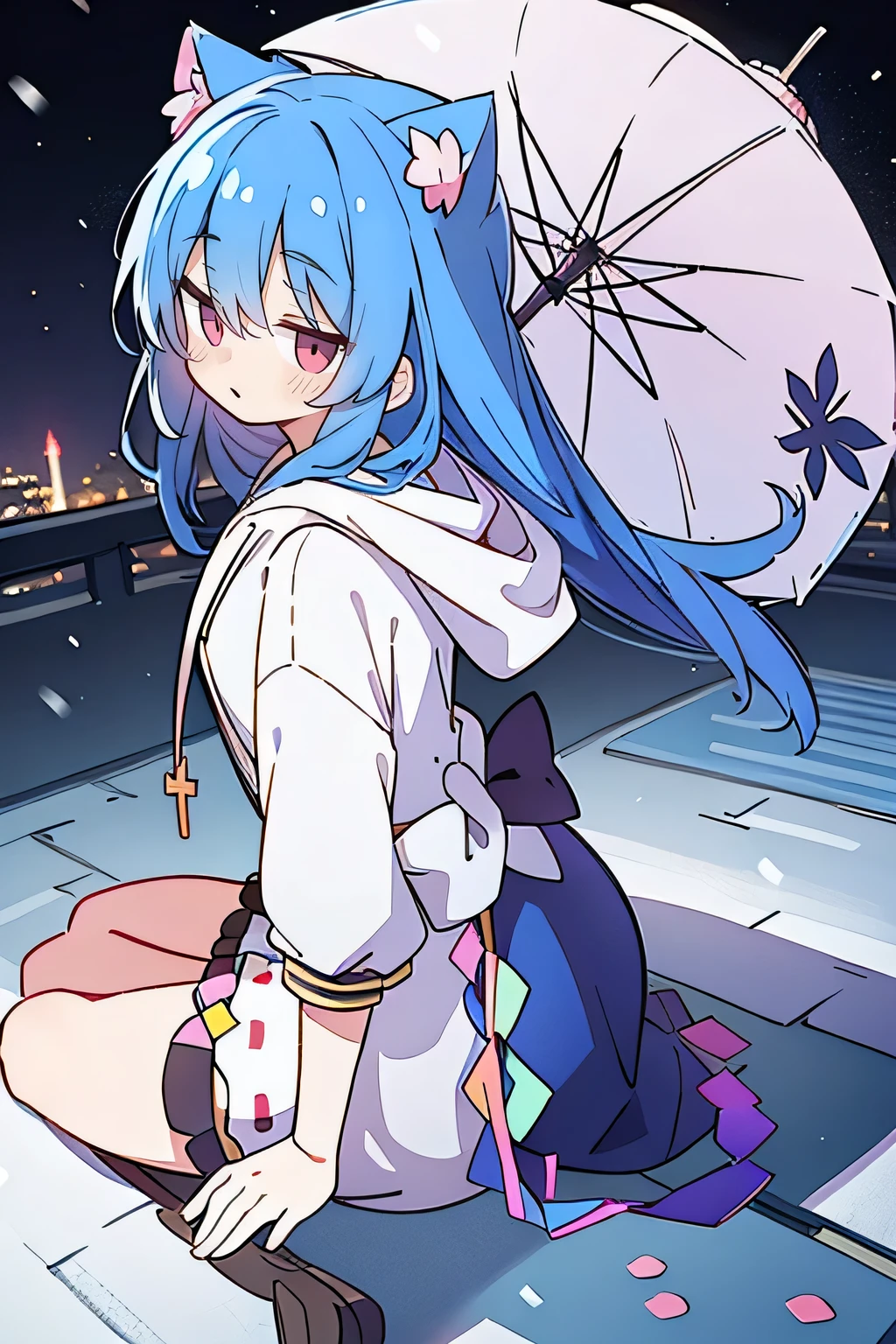 (masterpiece:1.2),Super detailed,lifelike,Expressive eyes,fair skin,perfect face shape,1 girl,
Japanese comics,Gorgeous blue hair,flowing blue hair,flowing clothes,Cat ears,Petals fall,beautiful lola,Baby Angel,
Shaking head with one hand,Cross your legs,Gentle and peaceful background,The pavilion is cool and comfortable,smile, wearing hoodie, background of tokyo,back views,snowing, winter.
