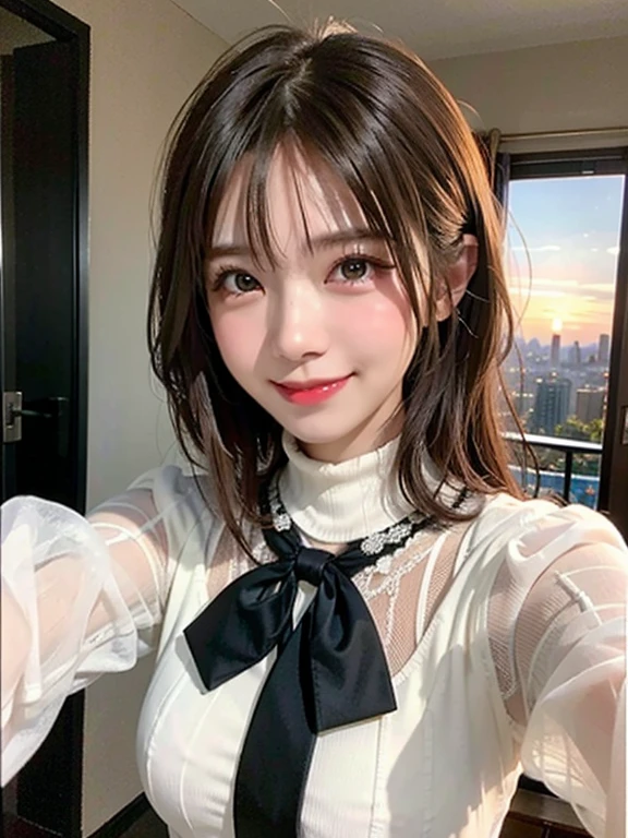 One Girl, Fisheye Lens, Selfie, Wind, Messy Hair, sunset, Cityscape, (Aesthetics and atmosphere:1.2),smile、Sweat shows through underwear、Sheer lace，I am wearing a see-through flare sleeve turtleneck dress with long sleeves and a tie neck
