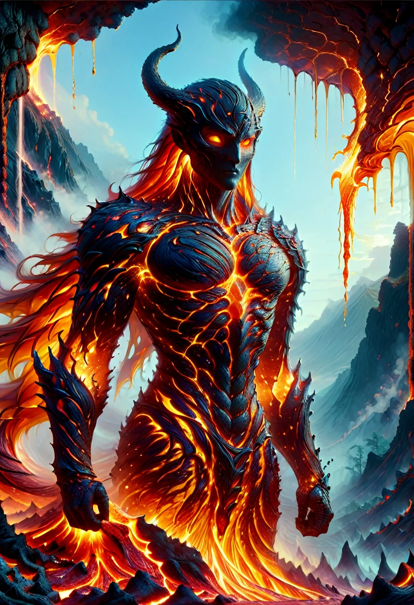 Lava Demon, ral-lava, LavaRay, Demon made entirely of lava, (best quality, highres, ultra-detailed:1.2), intense, fiery, and fearsome Lava Demon, glowing red eyes, sharp fangs and claws, towering over the landscape, surrounded by swirling magma, molten rivers flowing in the background, emitting a sinister glow, smoke billowing from its nostrils, an aura of pure heat and destruction, devilish horns adorned with lava drips, an otherworldly entity emerging from the depths of the Earth's core, surreal and menacing, in the style of dark fantasy art, with vibrant colors and high contrast, cast in a hellish color palette.