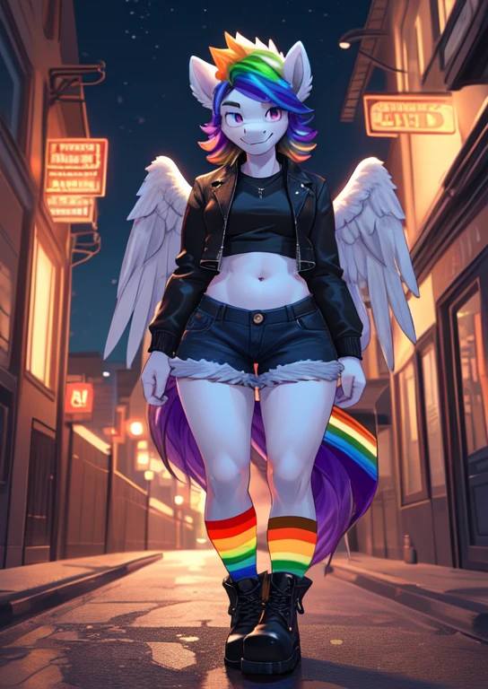 [rainbow dash], ((masterpiece)), ((HD)), ((high res)), ((solo portrait)), ((full body)), ((3/4 view)), ((pony; anthro)), ((detailed fur)), ((detailed shading)), ((beautiful render art)), ((intricate details)), {anthro horse; (slim figure: 2.0), (light-blue fur), horse snout, (cute magenta eyes), (short eyelashes), (multi tone hair), (long rainbow-colored hair: 2.0), (light-blue pegasus wings), (curvy hips), (beautiful legs), (tall), (smug expression)}, {(black jacket), (navel), (jean shorts), (ankle boots)}, {(standing)}, [background; (city urban), (ambient lighting)]