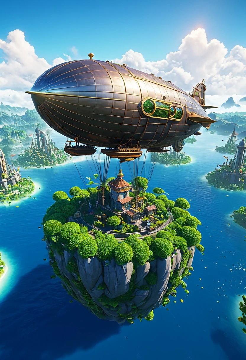 Many islands are floating in the air、A small airship is flying around。, City, Fantasy, A magical plant grows, Extreme Detail, Realistic Light, A magnificent composition, (Intricate details), (Intricate Design, Super detailed :1.2), Art Station, (masterpiece, highest quality), Ultra HD, 32k 