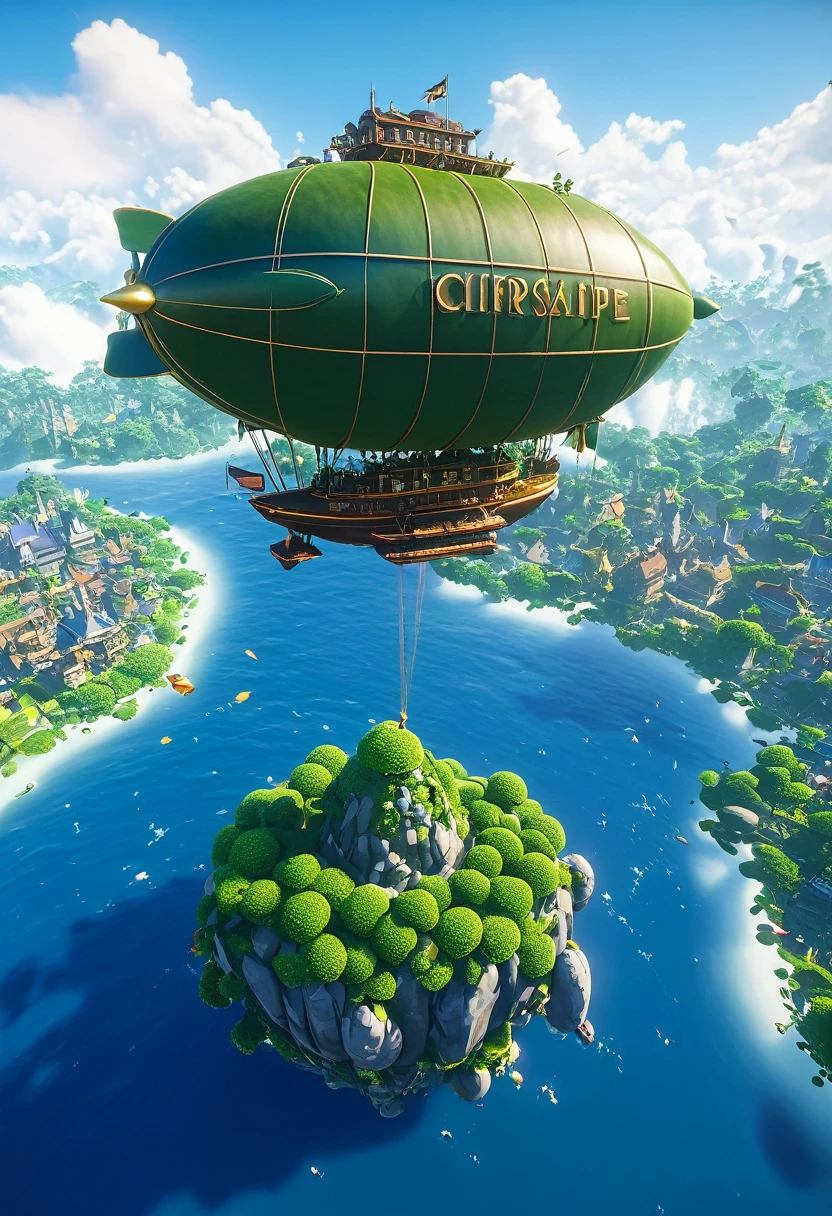 Many islands are floating in the air、A small airship is flying around。, City, Fantasy, A magical plant grows, Extreme Detail, Realistic Light, A magnificent composition, (Intricate details), (Intricate Design, Super detailed :1.2), Art Station, (masterpiece, highest quality), Ultra HD, 32k 