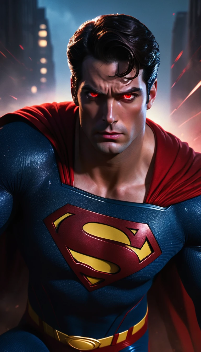 tears ,brown hair,red lazer eyes,man, super man, art pop, masterpiece,intricate details, horror theme ,portrait,dark ambience, dust,low light ,cinematic, ambient oclussion, chromatic aberration, Use a slightly low-angle perspective to make Superman appear larger than life, reinforcing his status as a heroic and sexy icon