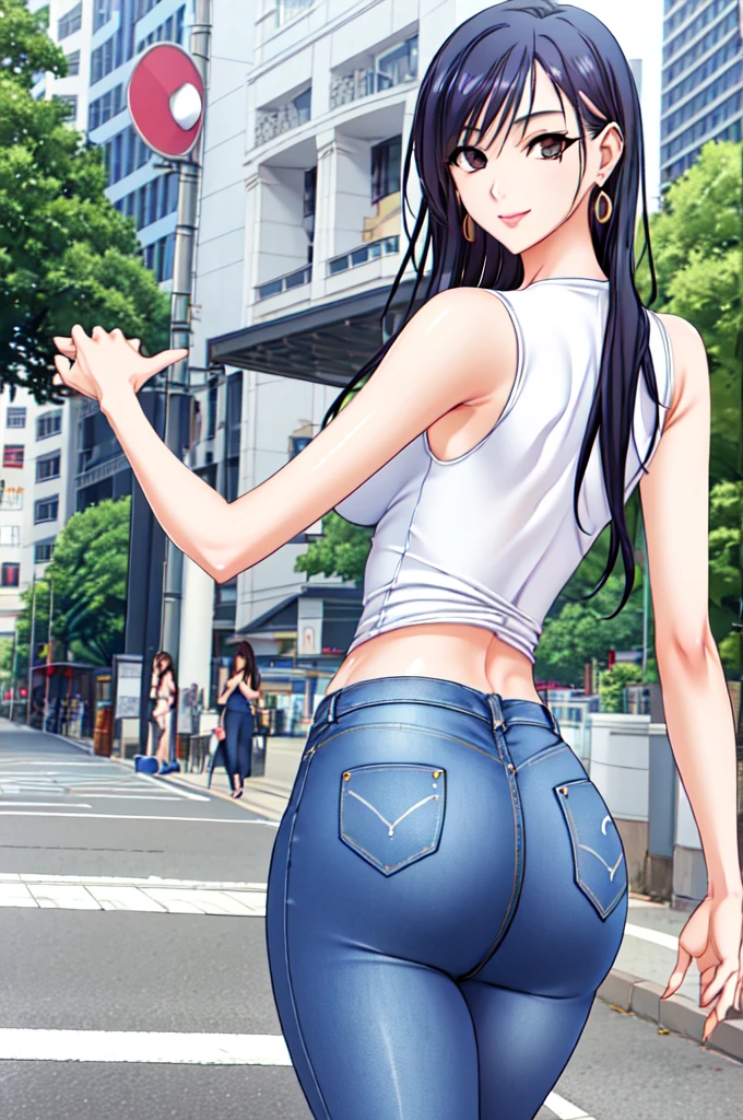 Ayako Hiiragi | Walkure Romanze, masterpiece, best quality, a sexy mature woman in a tight sleeveless shirt poses in high waisted jeans behind a street walkway, 1girl, solo, tight skinny jeans, denim, pants, white shirt, looking back, ass, jewelry, earrings, smile, 