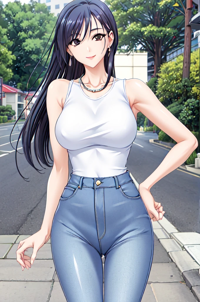 Ayako Hiiragi | Walkure Romanze, masterpiece, best quality, a sexy mature woman in a tight sleeveless shirt poses in high waisted jeans behind a street walkway, 1girl, solo, tight skinny jeans, denim, pants, white shirt, looking back, ass, jewelry, earrings, smile,
