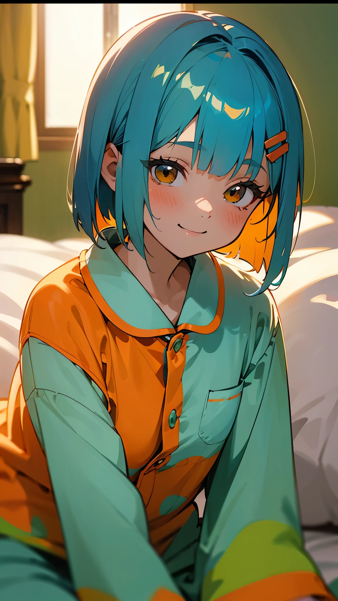18-year-old girl sitting on bed、alone、Anime style painting、Wearing pajamas、shrimp、Shiny light blue hair、Short Bob Hairstyles、Tie your hair with an orange hair clip、Beautiful brown eyes、smile、smile、The soft texture of pajamas、Upper body close-up、Orange and green colours、Background Blur、Depth of the drawn border