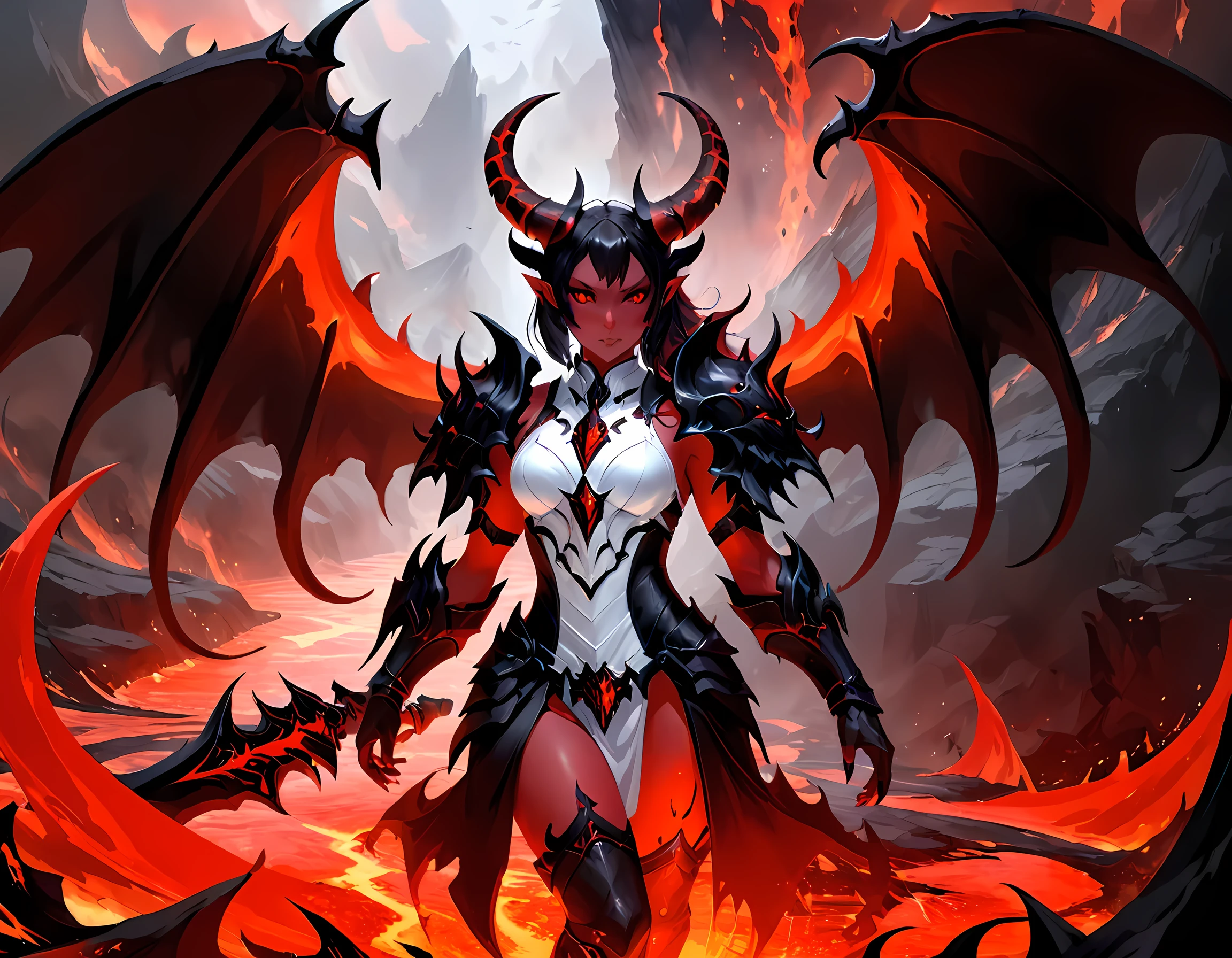fantasy art, RPG art, masterpiece, a portrait picture o hellish female demon from hell, she has (black horns: 1.2), (black: 1.2) demon wings, (red: 1.3) skin, red lava dripping from her, she wears (white: 1.3) armor, hdsrmr, streams of rolling lava, hell in the background, 3d rendering, shadow wings