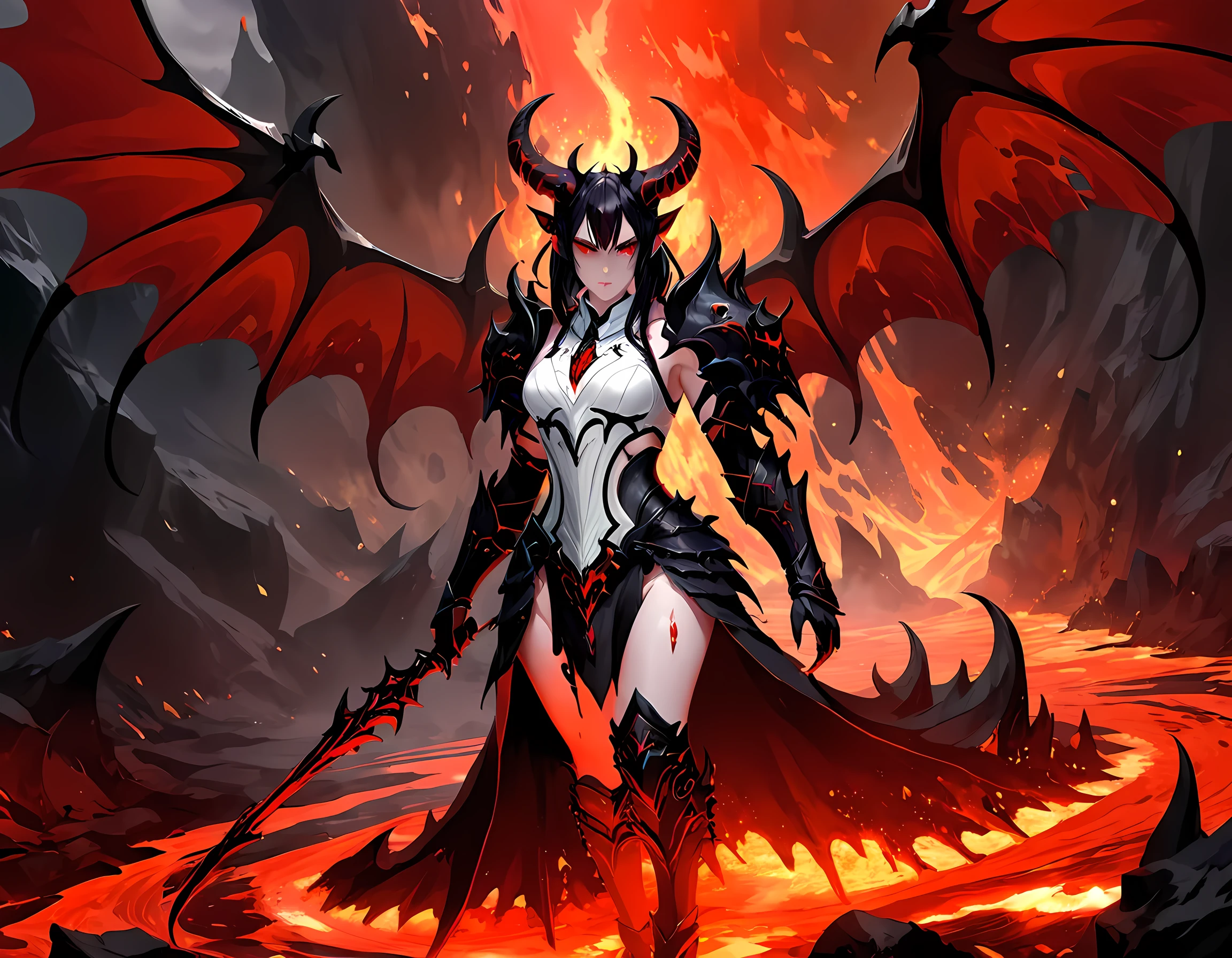 fantasy art, RPG art, masterpiece, a portrait picture o hellish female demon from hell, she has (black horns: 1.2), (black: 1.2) demon wings, (red: 1.3) skin, red lava dripping from her, she wears (white: 1.3) armor, hdsrmr, streams of rolling lava, hell in the background, 3d rendering, shadow wings