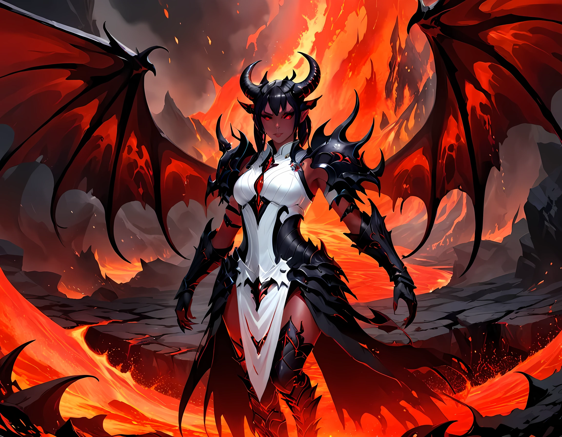 fantasy art, RPG art, masterpiece, a portrait picture o hellish female demon from hell, she has (black horns: 1.2), (black: 1.2) demon wings, (red: 1.3) skin, red lava dripping from her, she wears (white: 1.3) armor, hdsrmr, streams of rolling lava, hell in the background, 3d rendering, shadow wings