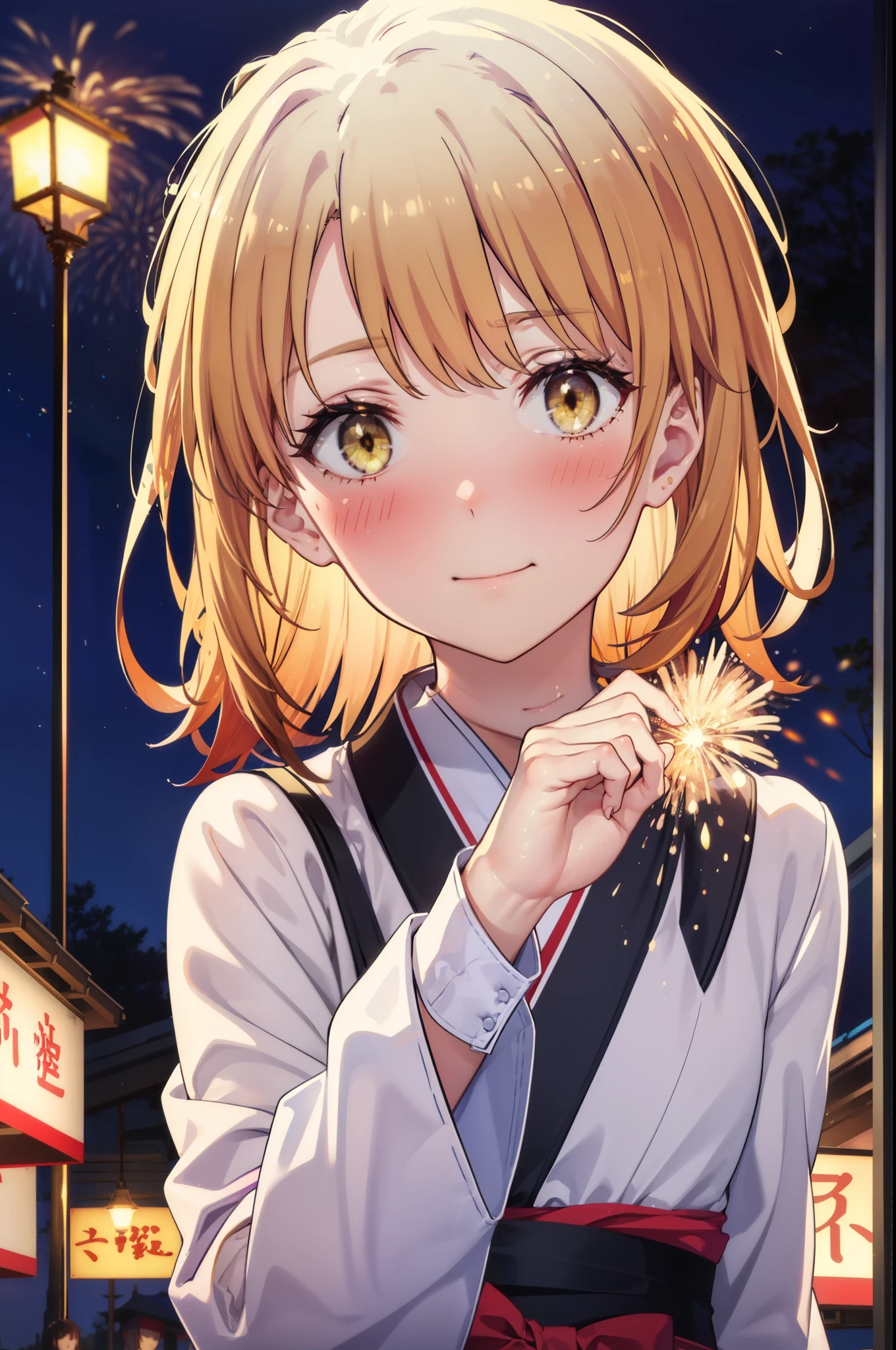 irohaisshiki, Iroha Isshiki, Long Hair, Brown Hair, (Brown eyes:1.5), smile,Yellow kimono,Thick sleeves,White tabi,Sandals,日本のFestivalり,夏Festivalりの屋台,Red lantern,Fireworks in the night sky、Fireworks,The place is a fireworks display,Time is night,sunny day,whole bodyがイラストに入るように,歩いている
break outdoors, Festival,
break looking at viewer,whole body,
break (masterpiece:1.2), highest quality, High resolution, unity 8k wallpaper, (figure:0.8), (Beautiful fine details:1.6), Highly detailed face, Perfect lighting, Highly detailed CG, (Perfect hands, Perfect Anatomy),