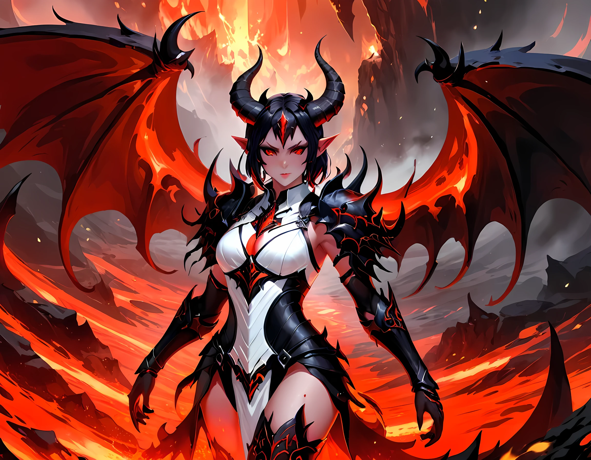 fantasy art, RPG art, masterpiece, a portrait picture o hellish female demon from hell, she has (black horns: 1.2), (black: 1.2) demon wings, (red: 1.3) skin, red lava dripping from her, she wears (white: 1.3) armor, hdsrmr, streams of rolling lava, hell in the background, 3d rendering, shadow wings