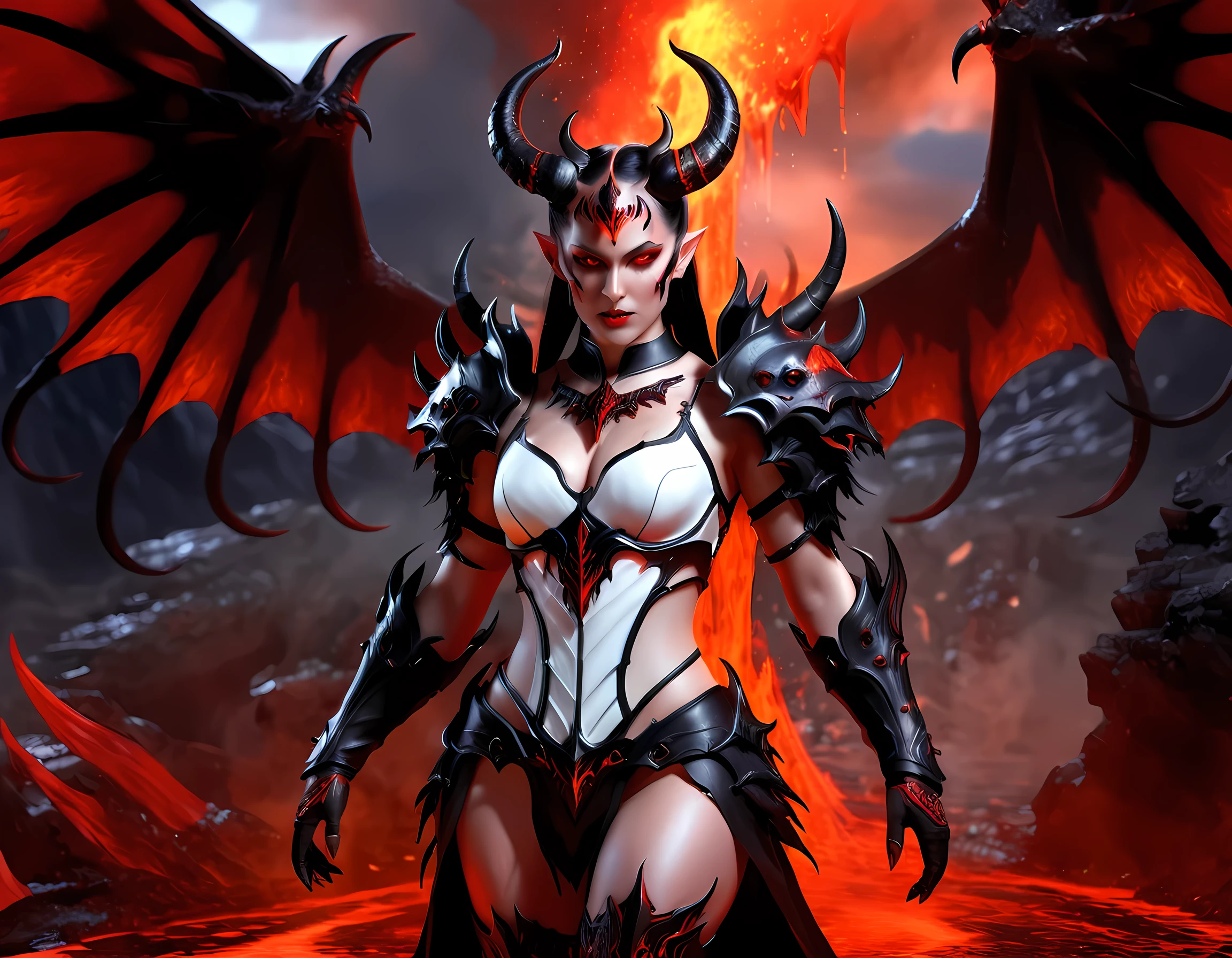 fantasy art, RPG art, masterpiece, a portrait picture o hellish female demon from hell, she has (black horns: 1.2), (black: 1.2) demon wings, (red: 1.3) skin, red lava dripping from her, she wears (white: 1.3) armor, hdsrmr, streams of rolling lava, hell in the background, 3d rendering, shadow wings