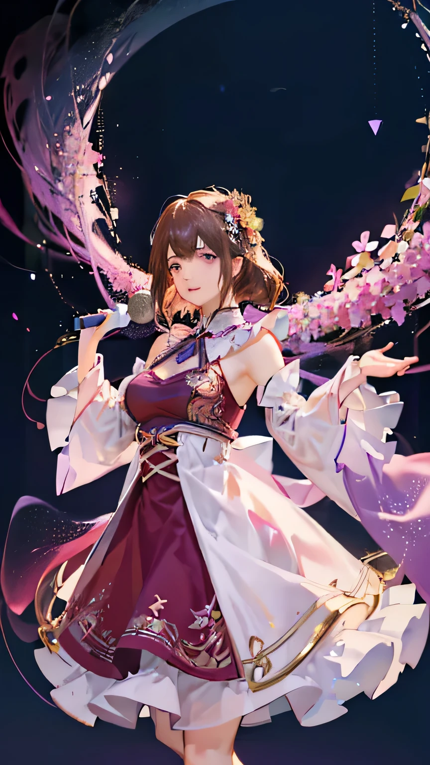 (highest quality, High resolution), Glowing Eyes, Delicate facial features, Vibrant colors, Dreamy atmosphere, Fantasy Theme, Floral Background, Graceful Movement, Detailed clothing, loose fitting dress, Elegant fashion, Magic lighting, Mysterious Aura, Heavenly Beauty, Magic thread, Whimsical elements,Big Breasts、Red attire、Colorful costumes、lingerie、Purple outfit