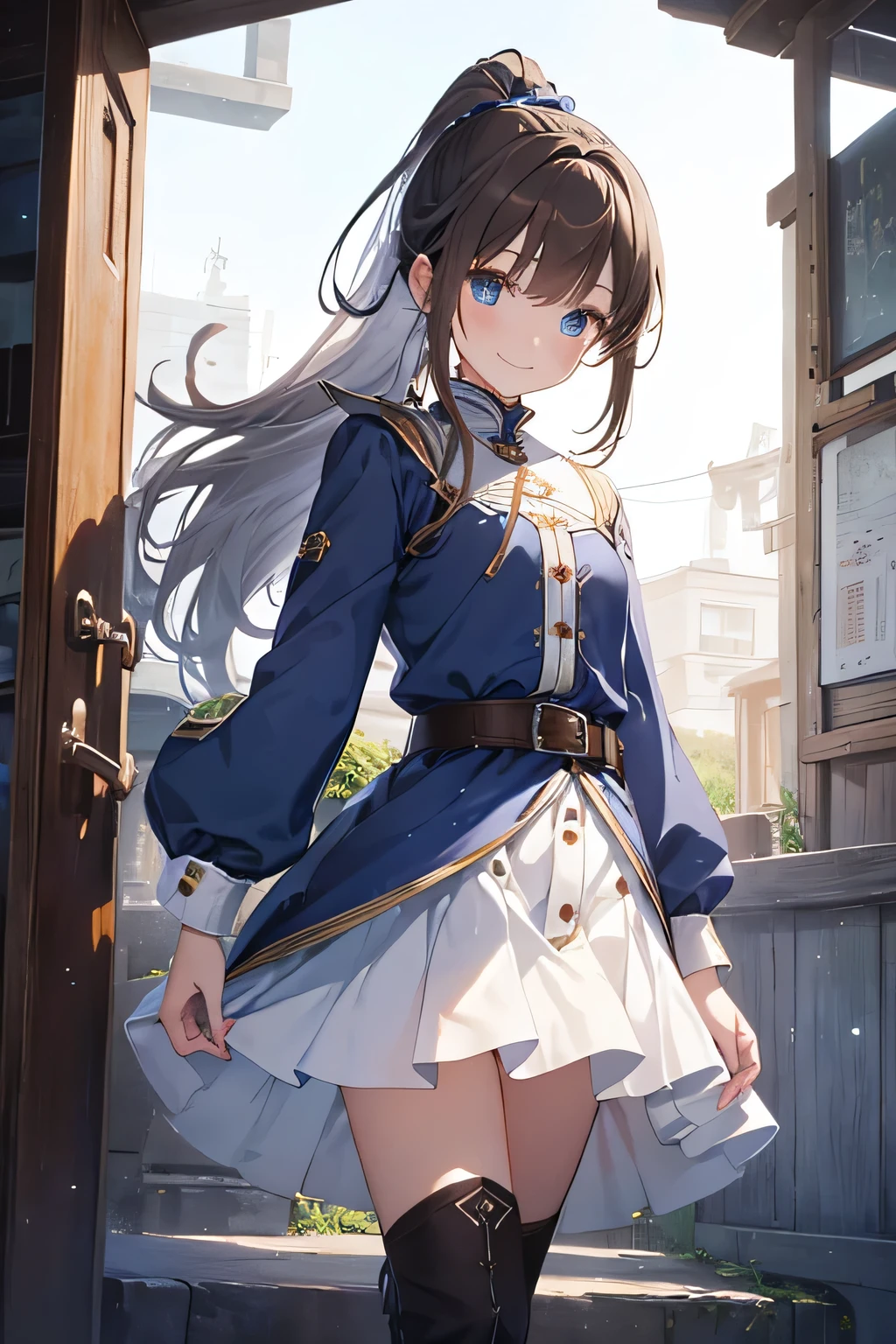 highest quality、Very delicate and beautiful、Girl、、(Dark brown hair)、Blue clothing with vertical buttons、Belt on waist、White Skirt、(ponytail))、(White hair band)、(Brown boots)、blue eyes、Are standing、smile、