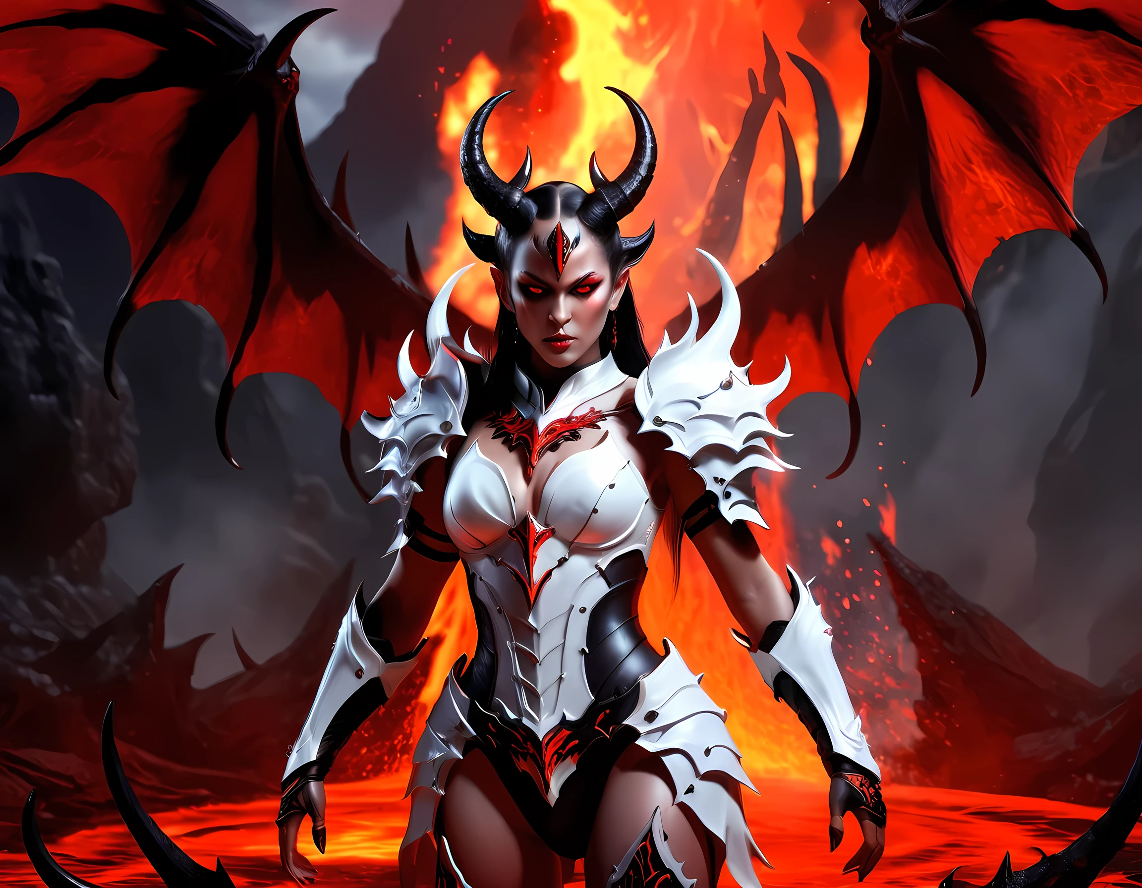 fantasy art, RPG art, masterpiece, a portrait picture o hellish female demon from hell, she has (black horns: 1.2), (black: 1.2) demon wings, (red: 1.3) skin, red lava dripping from her, she wears (white: 1.3) armor, hdsrmr, streams of rolling lava, hell in the background, 3d rendering, shadow wings