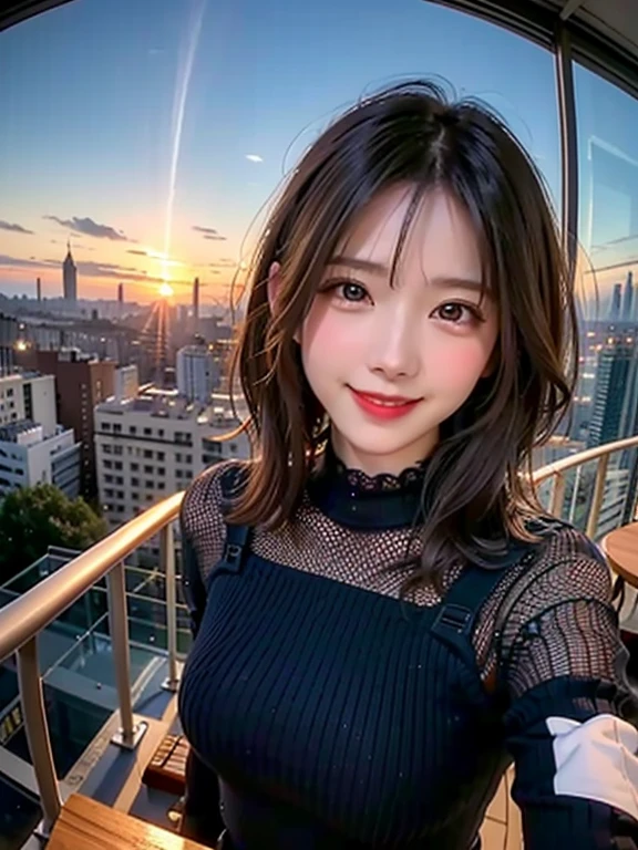 One Girl, Fisheye Lens, Selfie, Wind, Messy Hair, sunset, Cityscape, (Aesthetics and atmosphere:1.2),smile、Sweat shows through underwear、Sheer lace,I am wearing a see-through flare sleeve turtleneck dress with long sleeves and a tie neck