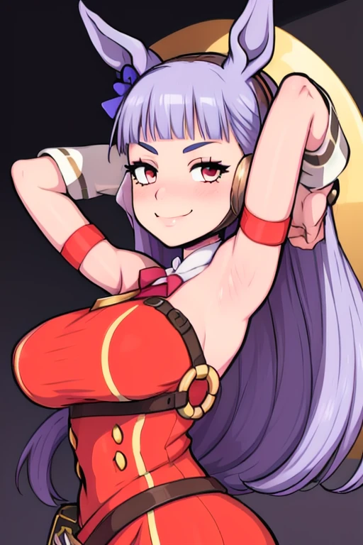 masterpiece, best quality, gold ship uma musume, looking at viewer, very large breasts, upper body, portrait, looking at viewer, seductive smile,put your hands behind your head, armpits, armpits visible, 