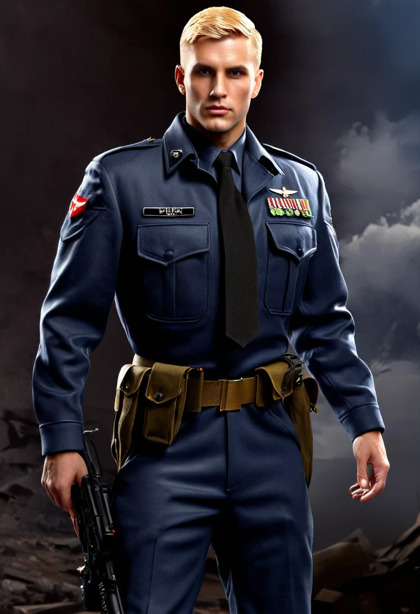 (masterpiece, highest quality, Very detailed, Best Shadow), (Detailed Background,) SF Liberator Captain Blonde Young Strong Confident Healthy Strong Military Uniform Male