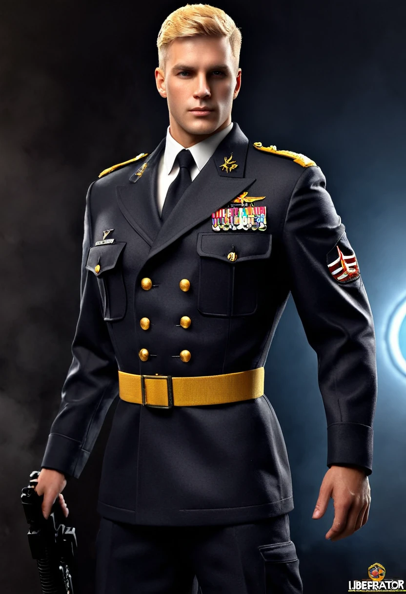 (masterpiece, highest quality, Very detailed, Best Shadow), (Detailed Background,) SF Liberator Captain Blonde Young Strong Confident Healthy Strong Military Uniform Male