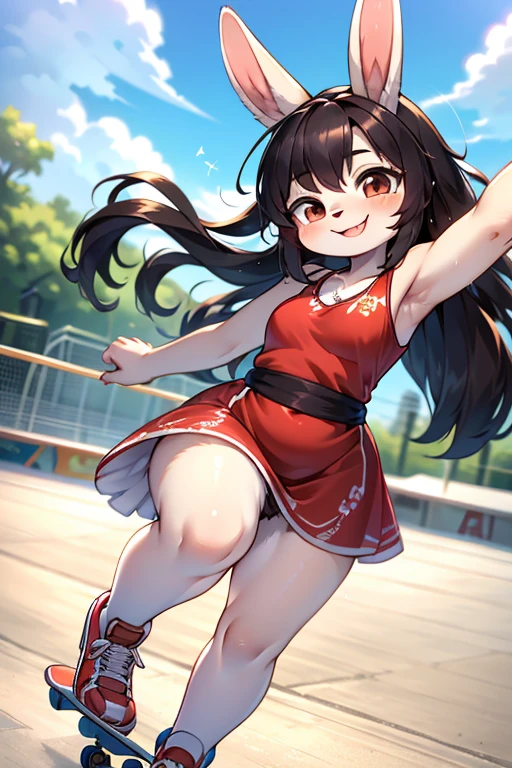 from below , hairy rabbit mom , round face , (tilt face:1.1) , (half-open wink:1.2) , moist round eyes , Swollen cheeks , dark color hair , long hair , lively smile , glossy lips , summer dress , skateboard park , skateboard , (high speed Blur:1.3) , Hair fluttering in the wind , (To land a trick) , hairy crotch , skate board