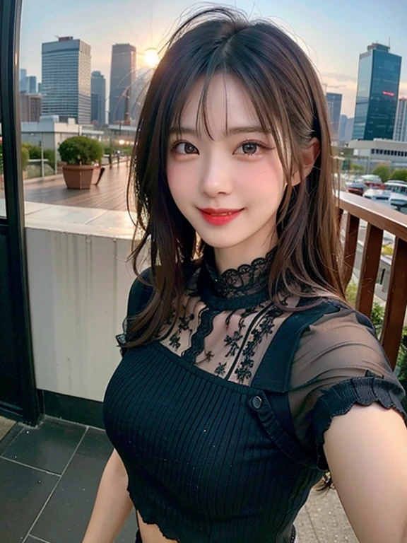 One Girl, Fisheye Lens, Selfie, Wind, Messy Hair, sunset, Cityscape, (Aesthetics and atmosphere:1.2),smile、Sweat shows through underwear、Sheer lace,I am wearing a summer lace top for women, short sleeves, stand collar, see-through
