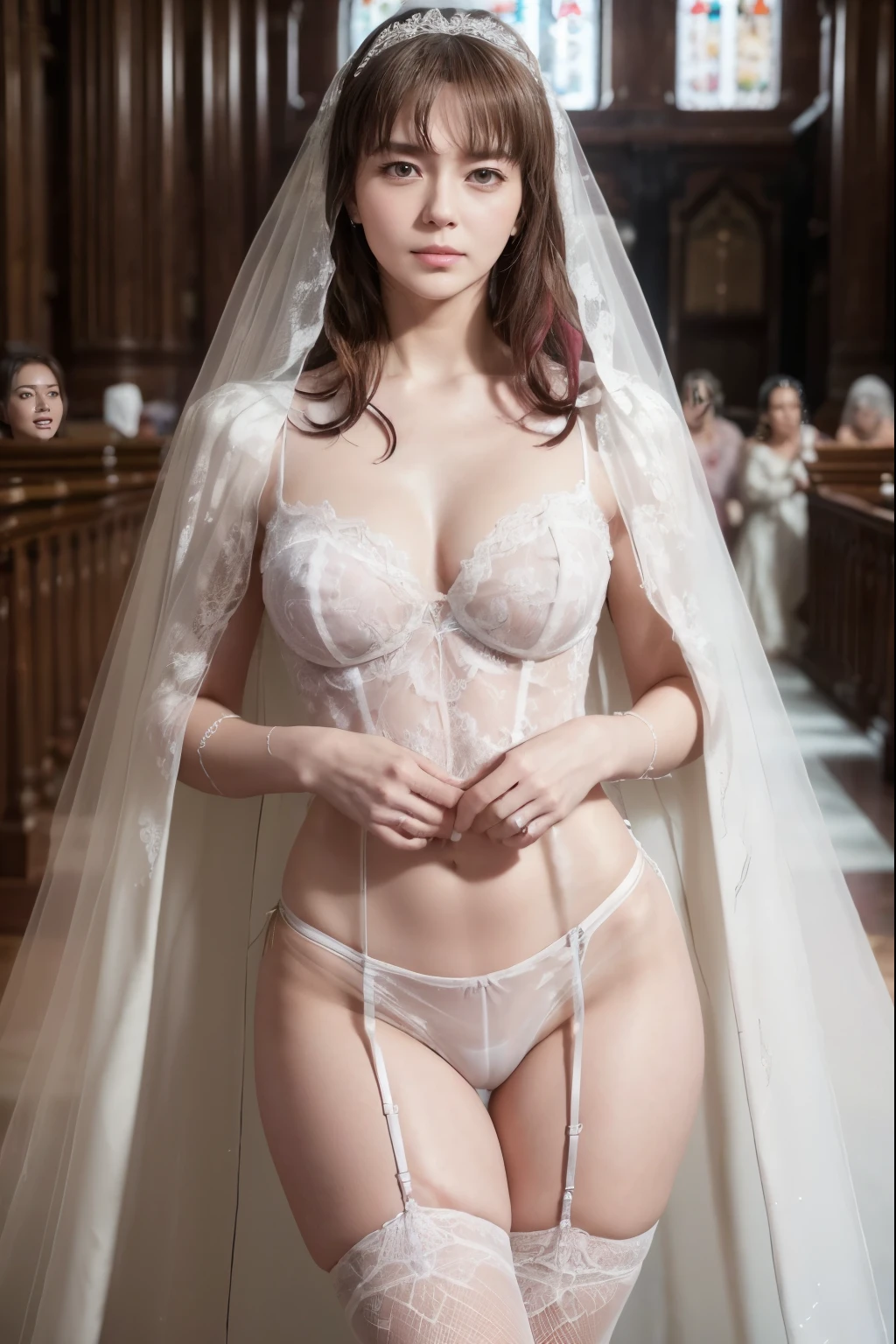 naked bride." Figure, big breasts, Beautiful nipples, the perfect body, Full body , wedding ceremony in a church,  (((plenty of attendees behind her.))).  (((white transparent wedding dress, cape, veil, loose white corset, transparent micro panties, transparent micro bra, and fishnet stockings.))) . thick pubic hair. ,(Best Quality, 4K, 8K, High resolution, masutepiece:1.2), Ultra-detailed, (Realistic, Photorealistic, Photorealsitic:1.37), royal, Captivating, (Vibrant colors, sharp chest:1.1), Soft lighting"Writhing expression. the most beautiful woman in the city.