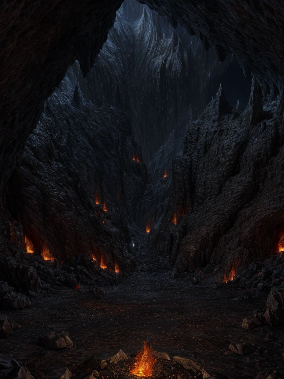 night,Pitch-black cave(Detailed background:1.2),High Detail, mine,Glowing ore(fiery red)。