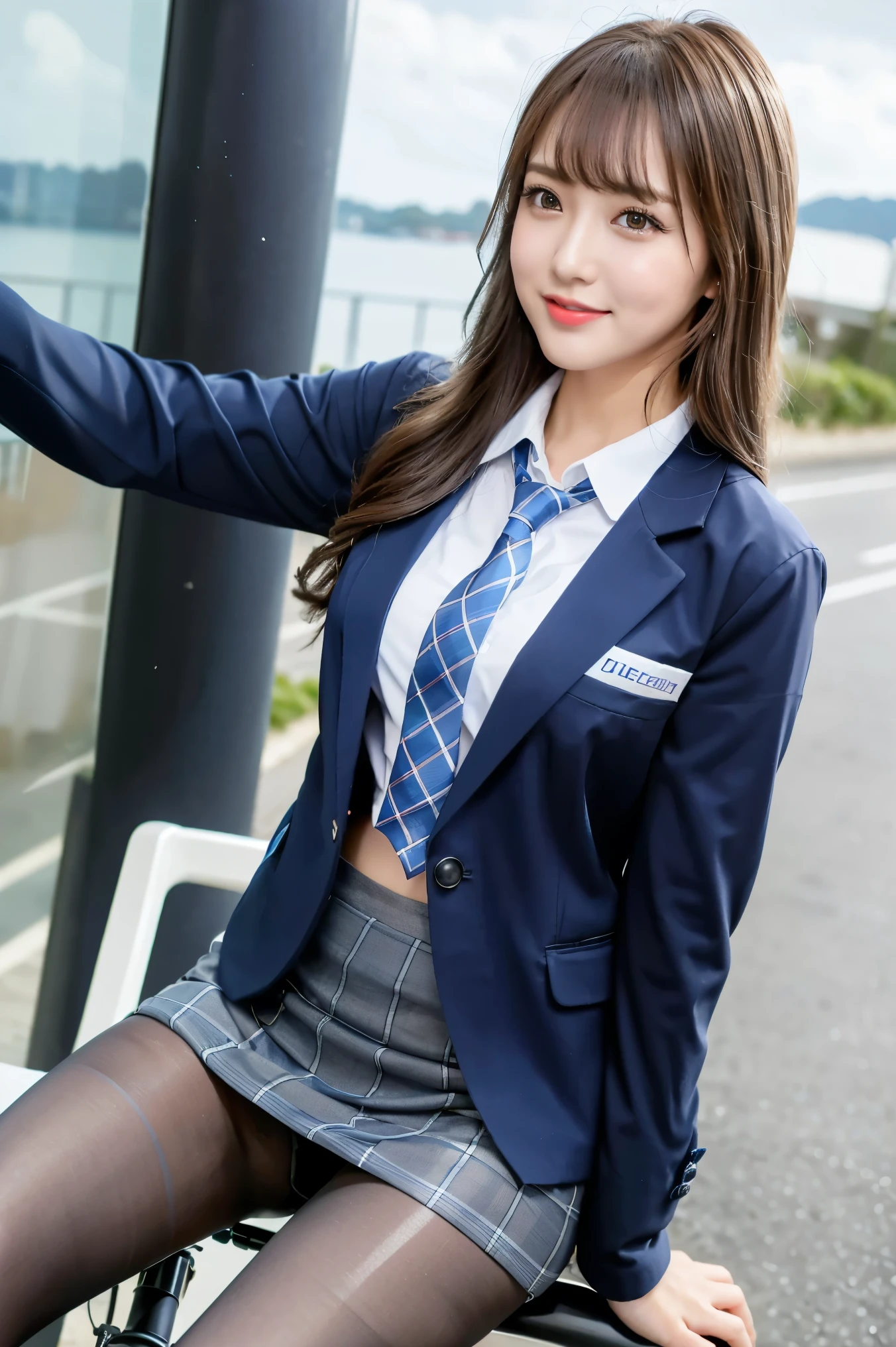 (8k), (highest quality: 1.2), (Realistic), (Realistic: 1.37), Ultra-high resolution, (1 girl), cute, smile, Mouth closed, Beautiful details, Beautiful Nose, Wet Hair, Giant Dulcefo, pork, Thighs,(Riding a bike on the seaside road:1.3),University Uniforms,(A simple navy blue blazer:1.2),Pleated skirt,(The skirt and tie are gray tartan check pattern......:1.3),(Shiny Pantyhose:1.2)