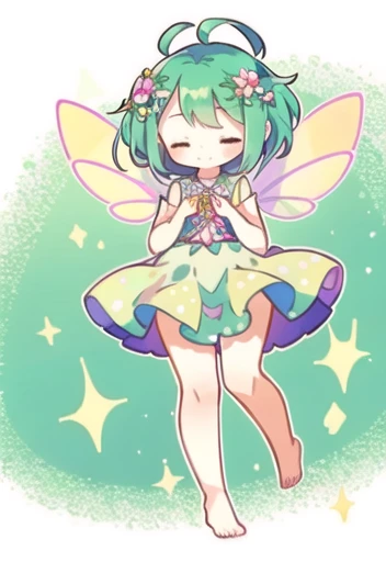1girl, iridescent fairy wings, closed eyes, hands over heart, barefoot, short dress, flora pattern, stepping in flower garden, closed mouth, glitter, 