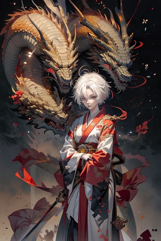 1lady and dragon,cool,white hair and short hair,kimono,have a sword,soldier