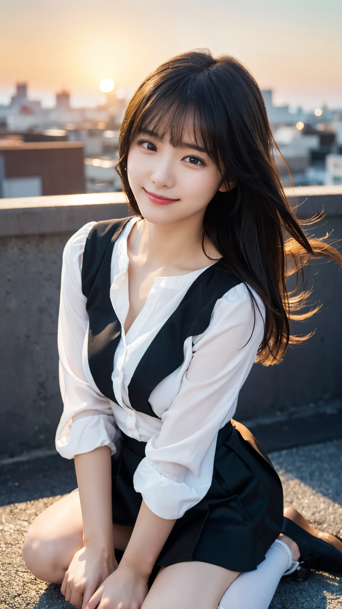 (highest quality,masterpiece:1.3,Ultra-high resolution),(Super detailed,Caustics,8k),(Photorealistic:1.4,RAW shooting),Japanese,23 years old,cute,Sitting,(A big smile),(Looking down at the camera),Black Hair Middle Hair,Big Breasts,White blouse,Knee-length skirt,Strong winds,Hair blowing in the wind,Rooftop,Backlight,Sunset,Sunset sky,(Full Body Shot),(Face Focus:1.2),(Face close up:1.2),(Low position:1.2),(Low - Angle:1.2),Natural light