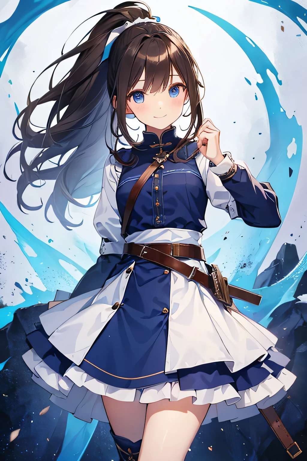 highest quality、Very delicate and beautiful、Girl、、(Dark brown hair)、Blue clothing with vertical buttons、Belt on waist、White Skirt、(ponytail))、(White hair band)、(Brown boots)、blue eyes、Are standing、smile、