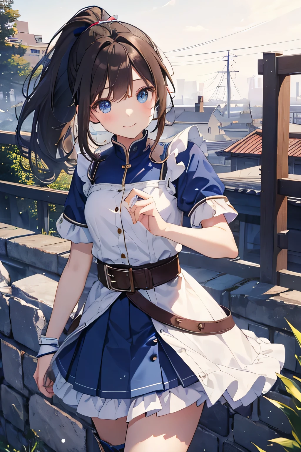 highest quality、Very delicate and beautiful、Girl、、(Dark brown hair)、Blue clothing with vertical buttons、Belt on waist、White Skirt、(ponytail))、(White hair band)、(Brown boots)、blue eyes、Are standing、smile、