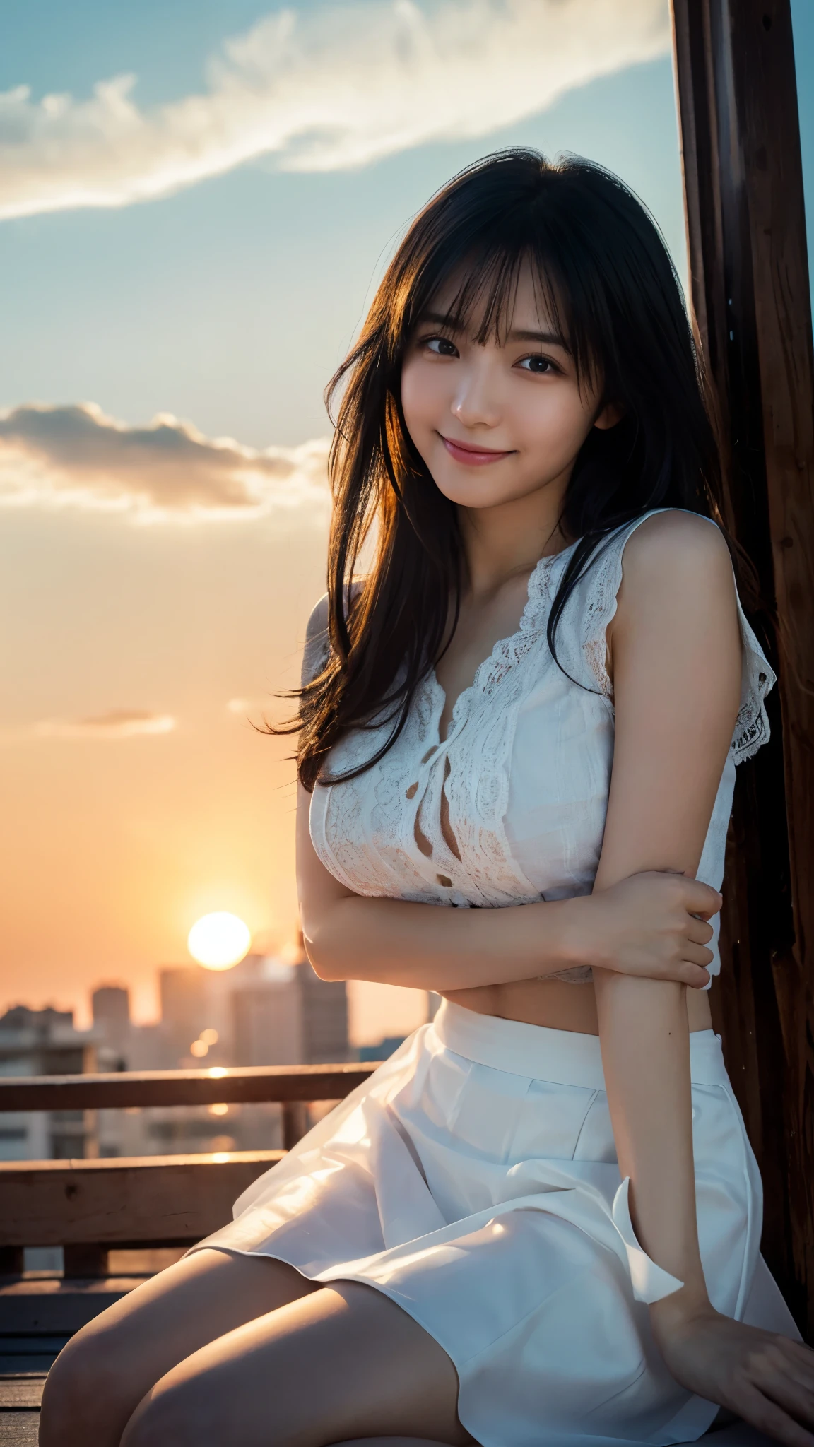 (highest quality,masterpiece:1.3,Ultra-high resolution),(Super detailed,Caustics,8k),(Photorealistic:1.4,RAW shooting),Japanese,23 years old,cute,Sitting,(A big smile),(Looking down at the camera),Black Hair Middle Hair,Big Breasts,White blouse,Knee-length skirt,Strong winds,Hair blowing in the wind,Rooftop,Backlight,Sunset,Sunset sky,(Cowboy Shot),(Thigh Focus:),(Thigh close-up),(Low position:1.3),(Low - Angle:1.3),Natural light