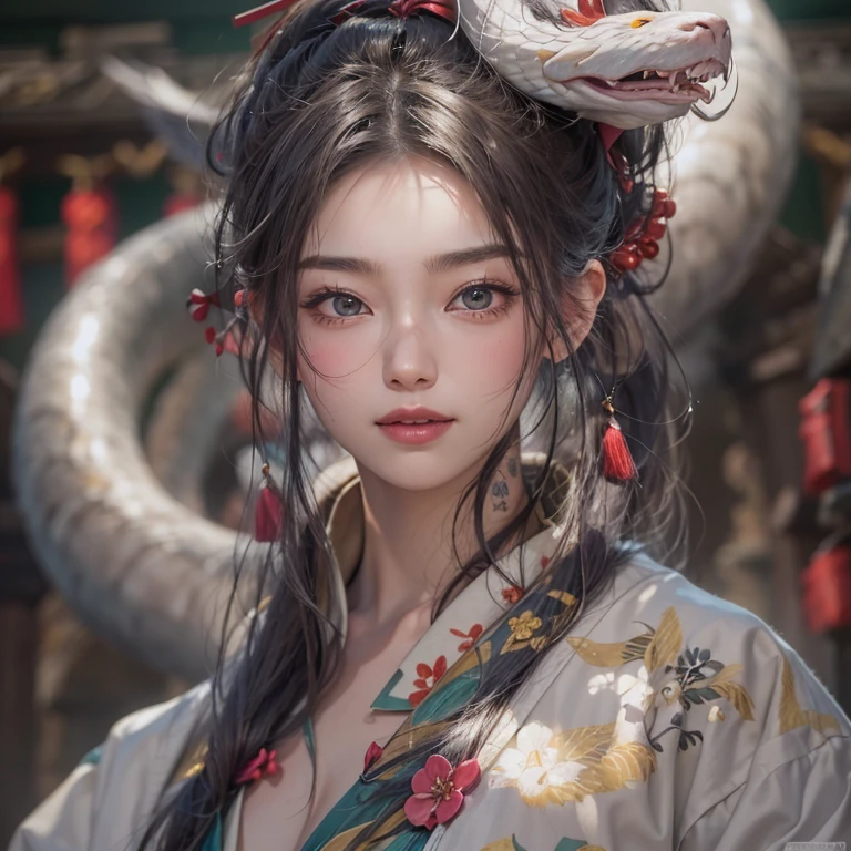 Hide in the ancient shrine、Hair flows、 ((highest quality、masterpiece、8k、best image quality、ultra high resolution、Award-winning work)、(accurate anatomy:1.1)、(look at me and smile:1.1)、Shining fair skin with ultra high resolution、most detailed face、ultra high resolution detailed face、ultra high resolutionの髪の毛、(ultra high resolutionの煌めく瞳:1.1)、Beautiful face drawn in every detail、(blurred background:1.1)、ancient shrine maiden clothes, chest together, tattoo、giant white snake aside