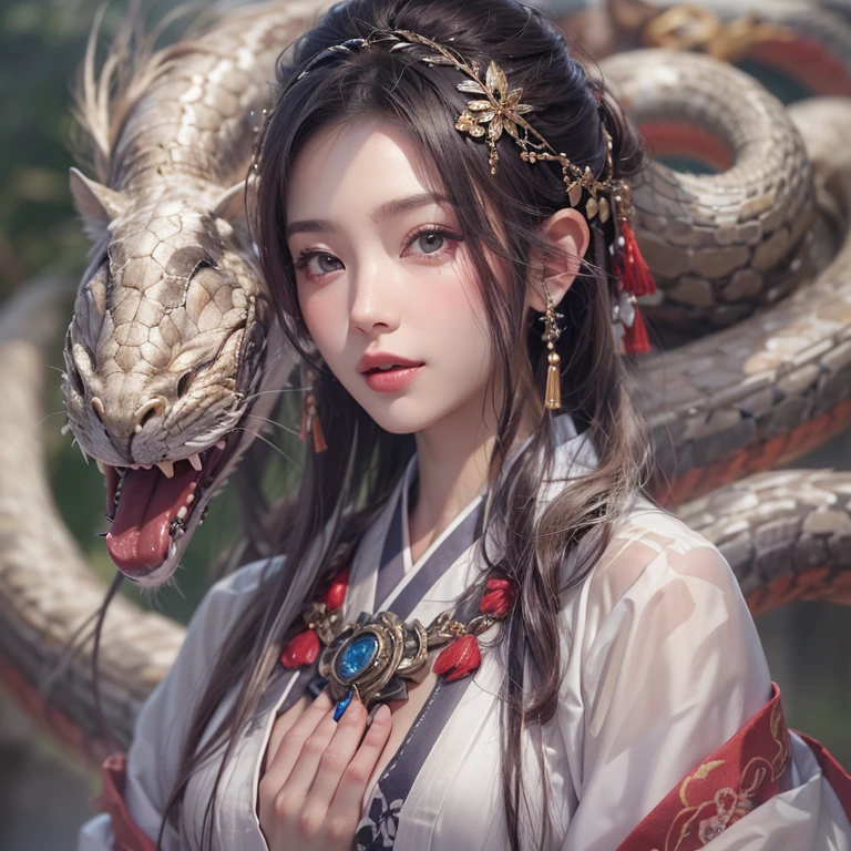 Hide in the ancient shrine、Hair flows、 ((highest quality、masterpiece、8k、best image quality、ultra high resolution、Award-winning work)、(accurate anatomy:1.1)、(look at me and smile:1.1)、Shining fair skin with ultra high resolution、most detailed face、ultra high resolution detailed face、ultra high resolutionの髪の毛、(ultra high resolutionの煌めく瞳:1.1)、Beautiful face drawn in every detail、(blurred background:1.1)、ancient shrine maiden clothes, chest together, tattoo、giant white snake aside